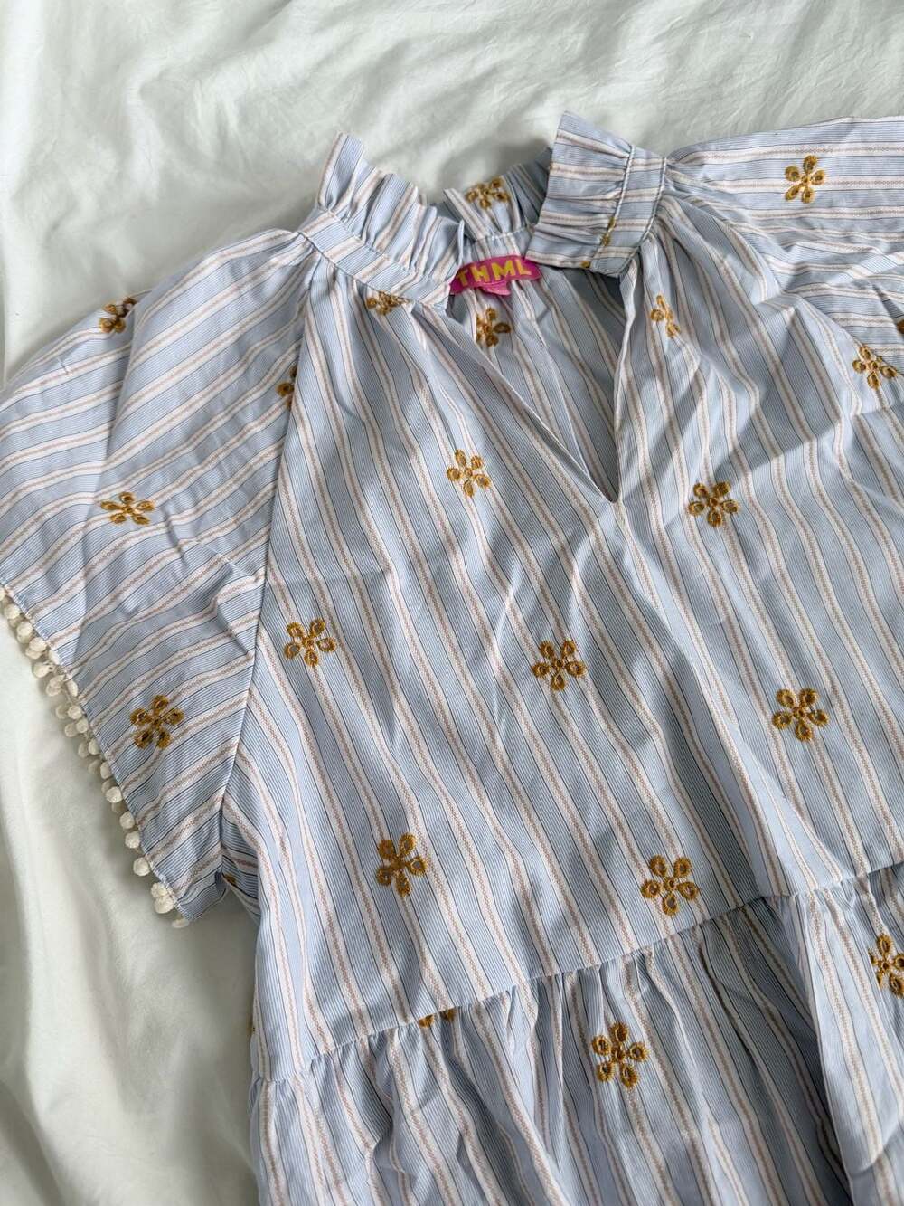 THML Blue Striped Floral Embroidered Ruffle V-Neck Pom Pom Sleeve Blouse
